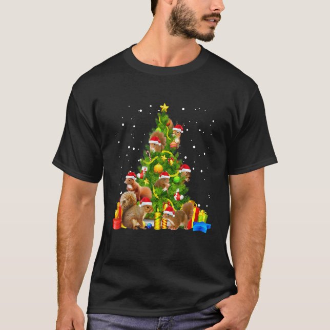 Squirrel Christmas Tree Gift X-mas Santa Hat T-Shirt (Front)