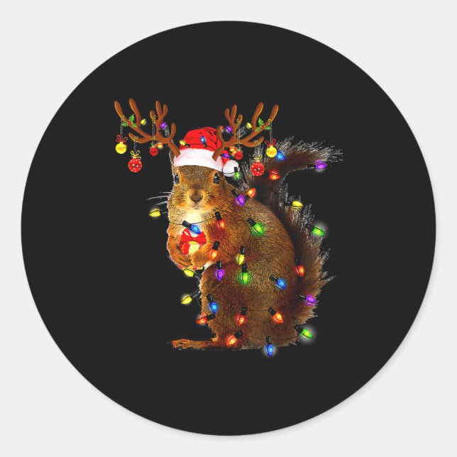 Squirrel Christmas Tree Lights Reindeer Santa Hat  Classic Round Sticker (Front)