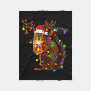 Squirrel Christmas Tree Lights Reindeer Santa Hat  Fleece Blanket