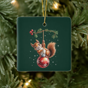 Squirrel Christmas Winter Snowflake Winter Holiday Ceramic Ornament
