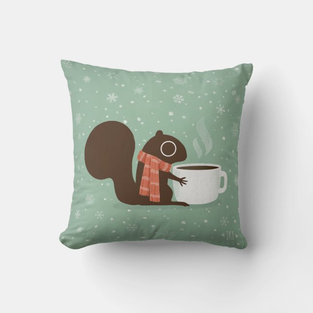 Squirrel Coffee Lover Woodland Winter Holiday Throw Pillow (Front)