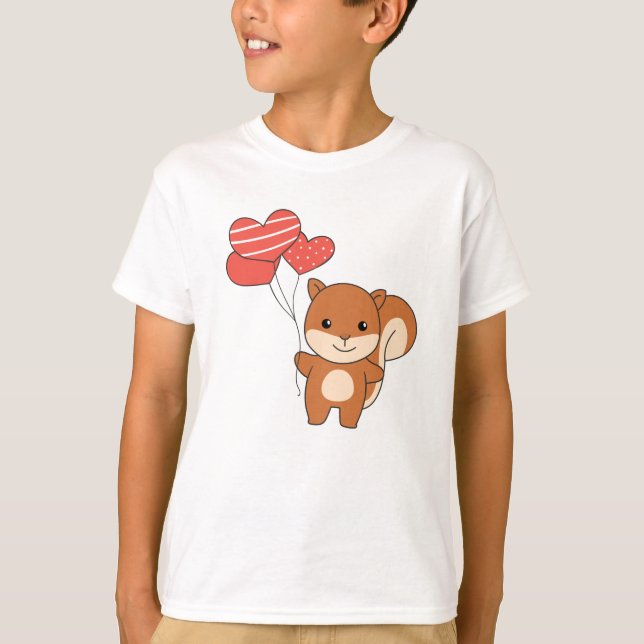 Squirrel Cute Animals Hearts Balloons Valentine T- T-Shirt (Front)