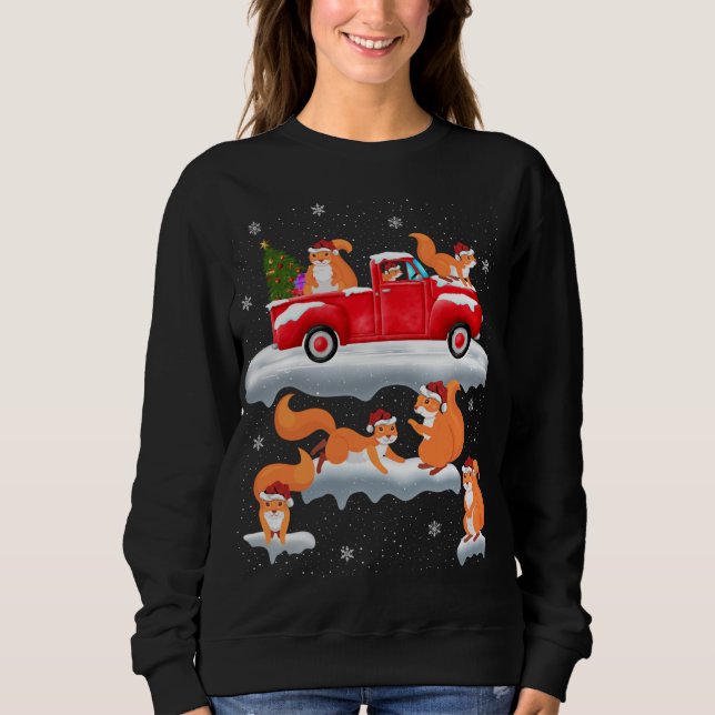 Squirrel Driving Christmas Tree Red Truck Squirrel Sweatshirt (Front)