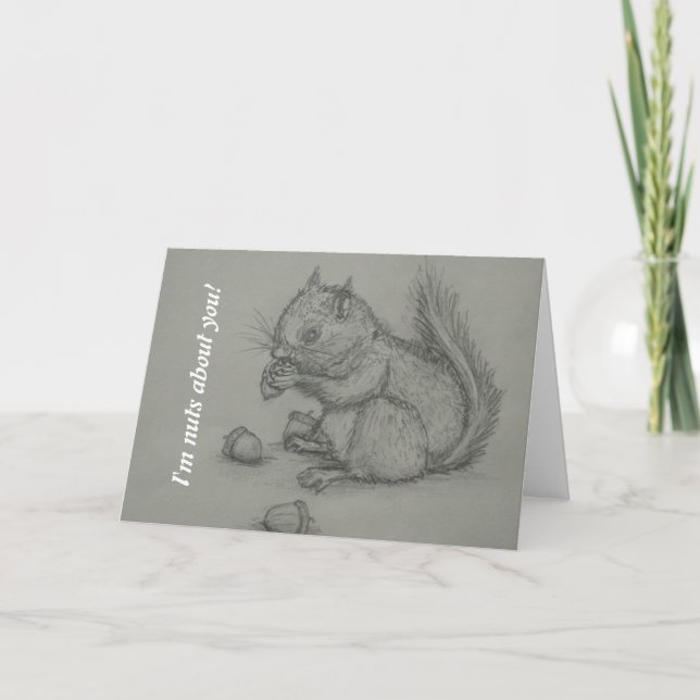 Squirrel Eating Nuts pencil drawing greeting card (Front)