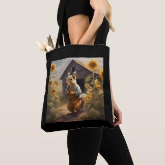 Squirrel Farmer in front of Barn Sunflowers Tote Bag