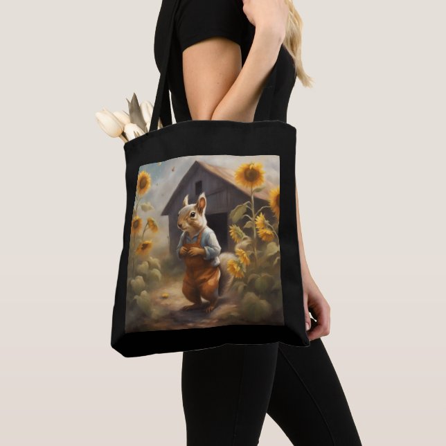 Squirrel Farmer in front of Barn Sunflowers Tote Bag (Close Up)