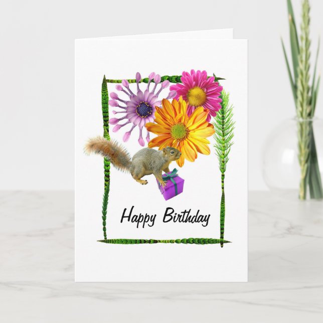 Squirrel Flowers Birthday Card (Front)