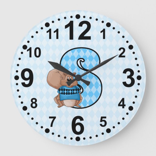 Squirrel for the Letter S in Blue Diamond Pattern Large Clock (Front)