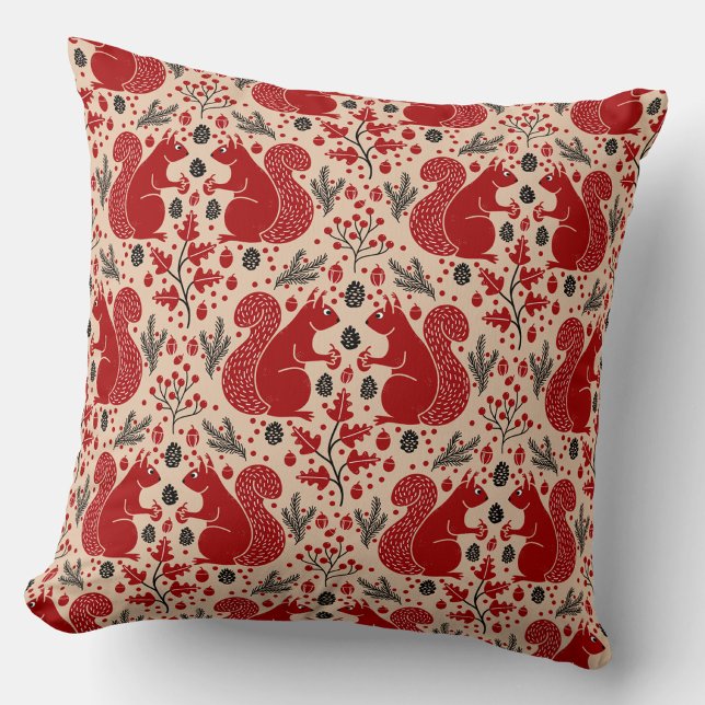 Squirrel Forest Woodland Pattern Throw Pillow (Squirrels in the Forest woodland art throw pillow)
