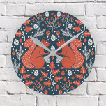 Squirrel Forest Woodland Round Clock<br><div class="desc">Red squirrel forest woodland pattern with pine cones, pine branches, acorns, oak leaves and berries. Perfect for a lake house or seasonal room decor. Original art by Nic Squirrell.</div>