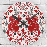 Squirrel Forest Woodland Round Clock<br><div class="desc">Red squirrel forest woodland pattern with pine cones, pine branches, acorns, oak leaves and berries. Perfect for a lake house or seasonal room decor. Original art by Nic Squirrell.</div>
