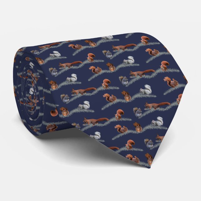 Squirrel Frenzy Tie Double Sided Print (Navy) (Rolled)