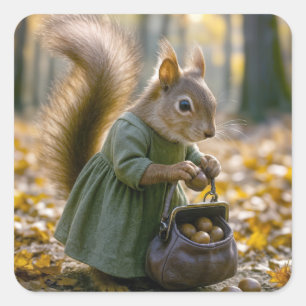Squirrel Gathering Nuts In Her Purse Square Sticker