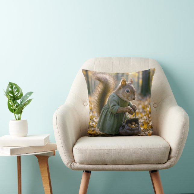 Squirrel Gathering Nuts In Her Purse Throw Pillow (Chair)