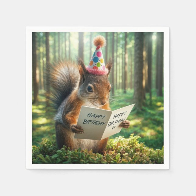 Squirrel Holding a Birthday Card Napkin (Front)