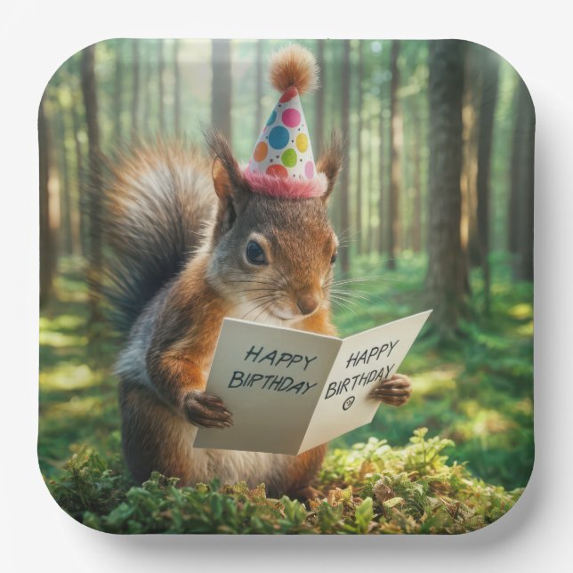 Squirrel Holding a Birthday Card Paper Plate (Front)