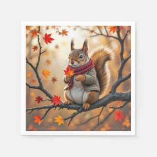 Squirrel Holding an Autumn Maple Leaf Napkin