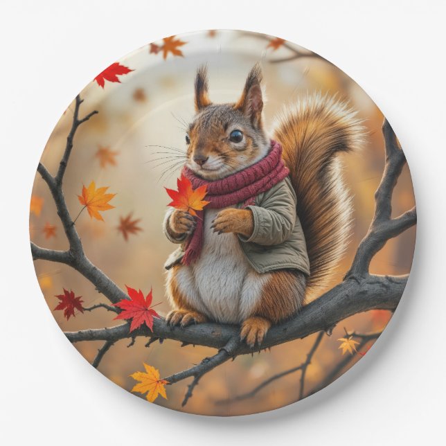Squirrel Holding an Autumn Maple Leaf Paper Plate (Front)