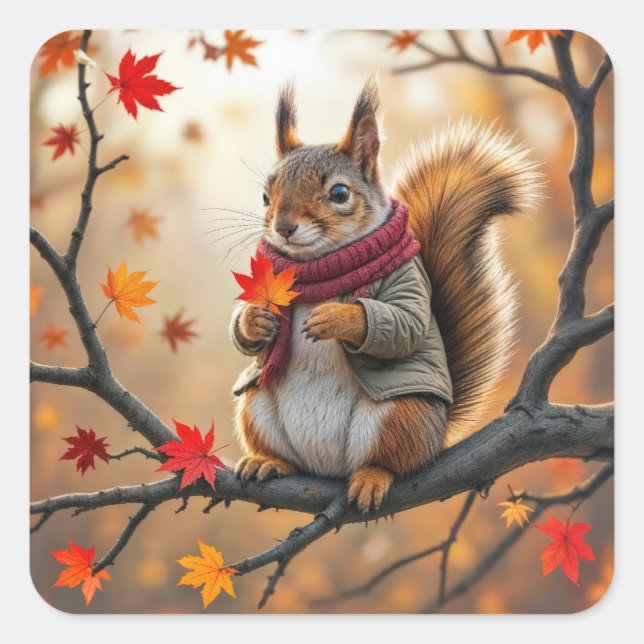 Squirrel Holding an Autumn Maple Leaf Square Sticker (Front)