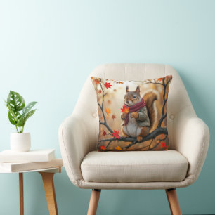 Squirrel Holding an Autumn Maple Leaf Throw Pillow