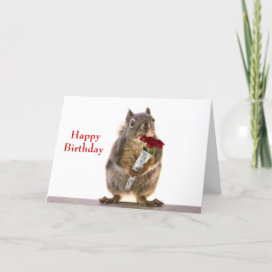 Squirrel Holding Red Rose Bouquet Card