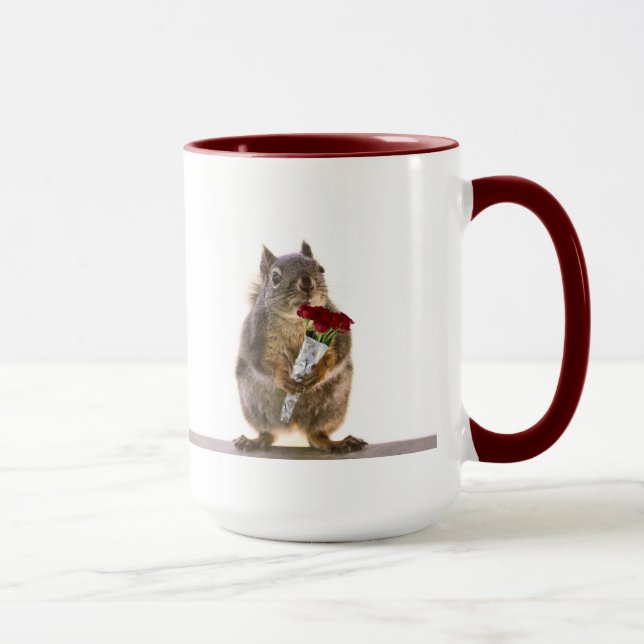 Squirrel Holding Red Rose Bouquet Mug (Right)
