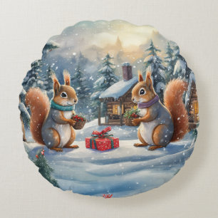 Squirrel Holiday Design By Rich AMeN Gill Round Pillow