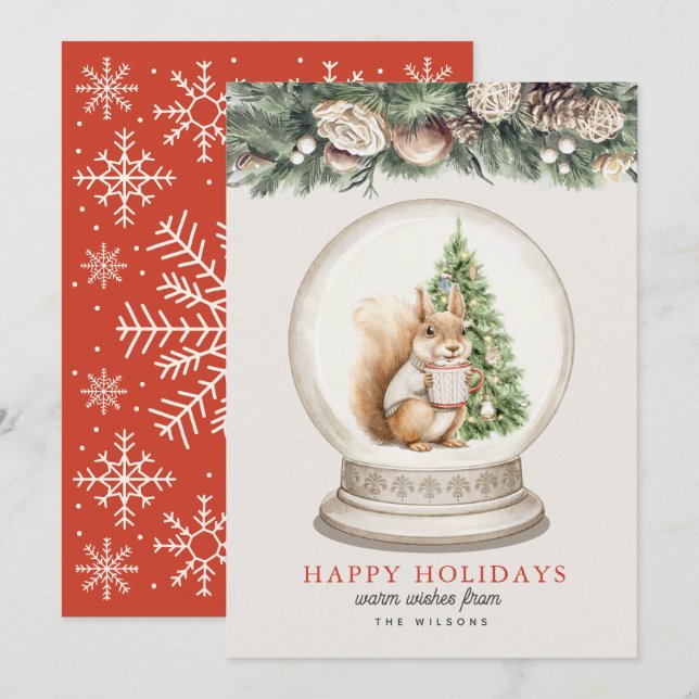 Squirrel Hot Choclate Snow Grobe Holiday Card (Front/Back)