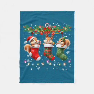 Squirrel In Christmas Socks Lights Squirrel Xmas  Fleece Blanket