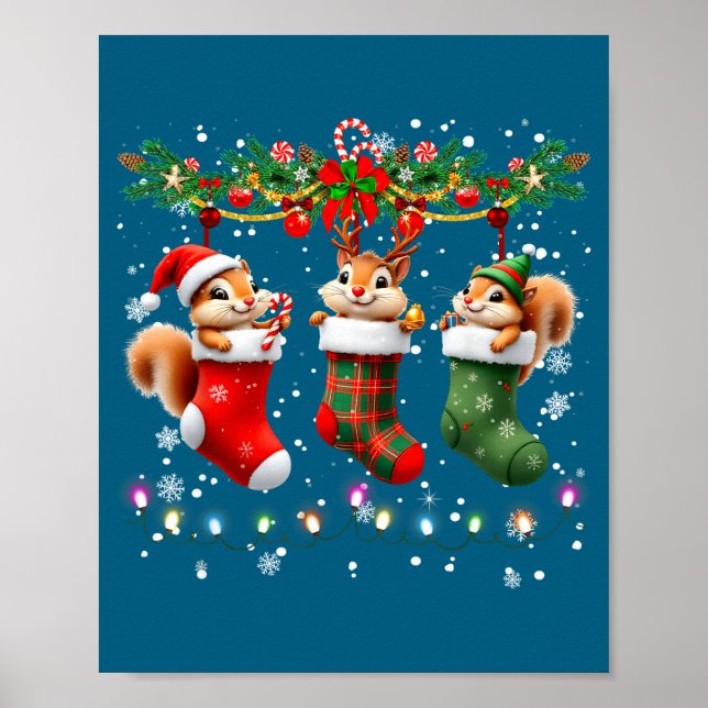 Squirrel In Christmas Socks Lights Squirrel Xmas  Poster (Front)