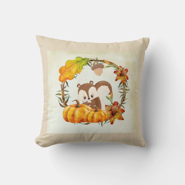 Squirrel in Floral Wreath Fall Rustic Throw Pillow (Front)
