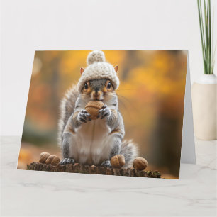 Squirrel in Knit Hat Holding Nut Card