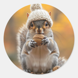 Squirrel in Knit Hat Holding Nut Classic Round Sticker