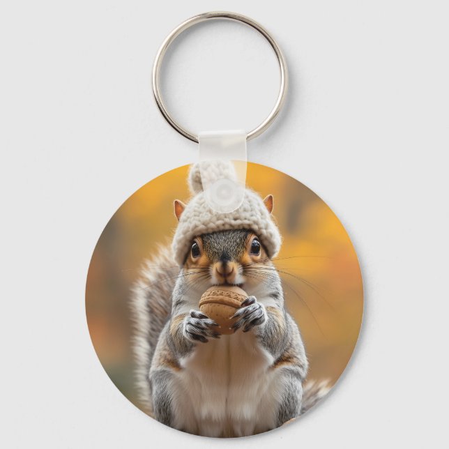 Squirrel in Knit Hat Holding Nut Keychain (Front)
