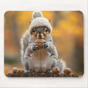 Squirrel in Knit Hat Holding Nut Mouse Pad