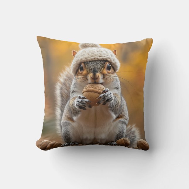 Squirrel in Knit Hat Holding Nut Throw Pillow (Front)