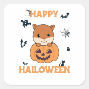 Squirrel In Pumpkin Sweet Animals Happy Halloween Square Sticker