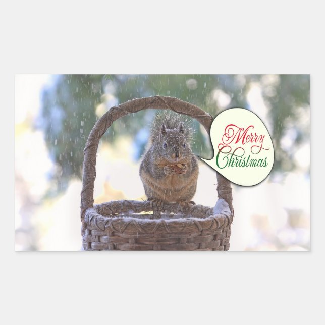 Squirrel in Snow Saying Merry Christmas Sticker (Front)
