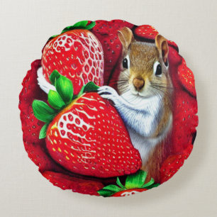 Squirrel In Strawberry Heaven  Round Pillow