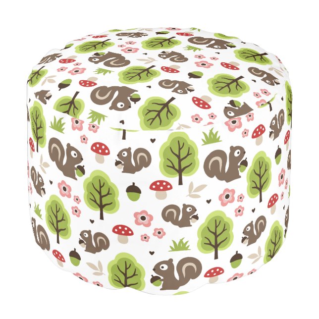 Squirrel in The Oak Forest Pattern Pouf (Angled Front)