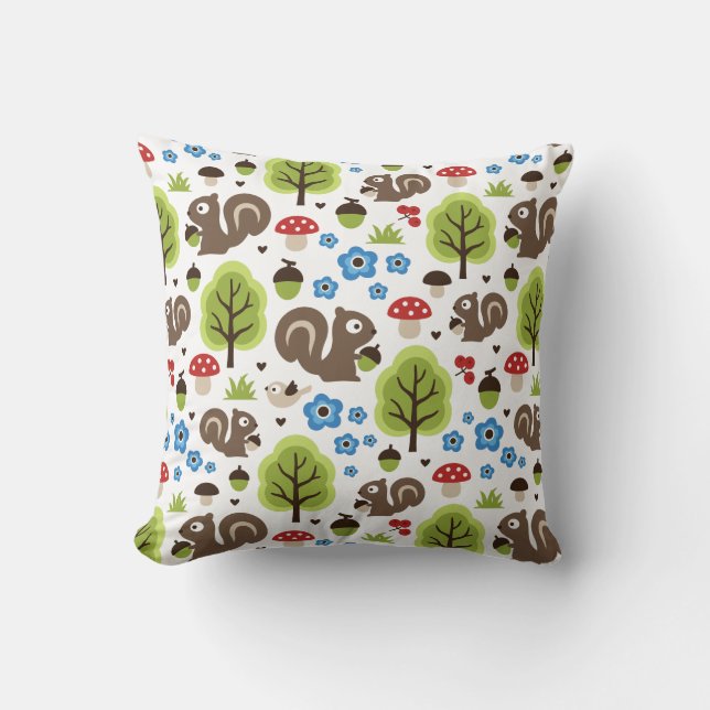 Squirrel in The Oak Forest Pattern Throw Pillow (Front)