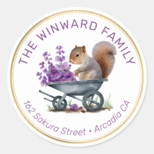 Squirrel in Wheelbarrow and Purple Floral Address Classic Round Sticker