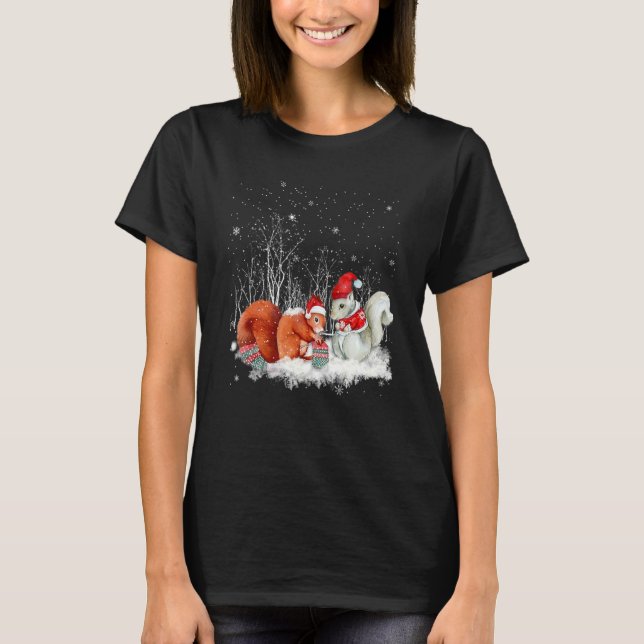 Squirrel Knitting Scarf Winter Christmas Tree Xmas T-Shirt (Front)