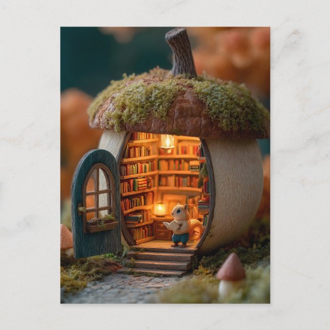 Squirrel Library Inside a Mossy Acorn House Holiday Postcard (Front)
