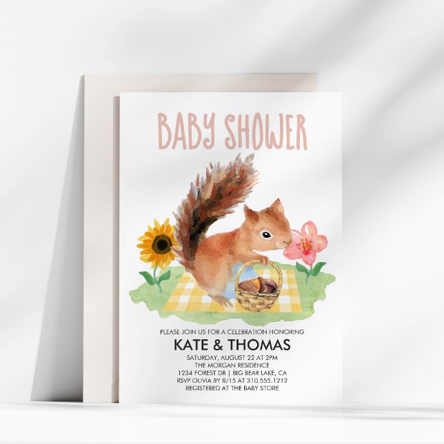Squirrel Nuts Picnic Watercolor Baby Shower Invitation (Creator Uploaded)