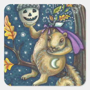 SQUIRREL OF SLEEPY HOLLOW & ACORN, FUNNY HALLOWEEN SQUARE STICKER