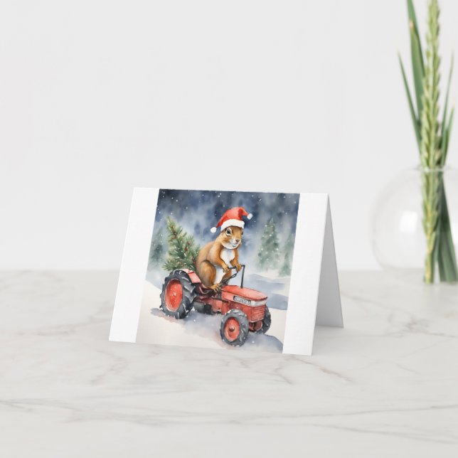 Squirrel on a Tractor Christmas Card (Front)