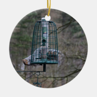 Squirrel on bird feeder ceramic ornament