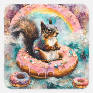 Squirrel on Floating Glazed Donut Funny Sweet Square Sticker