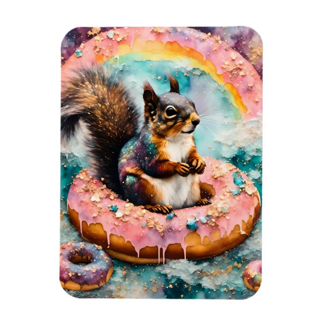 Squirrel on Floating Glazed Doughnut Funny Sweet Magnet (Vertical)